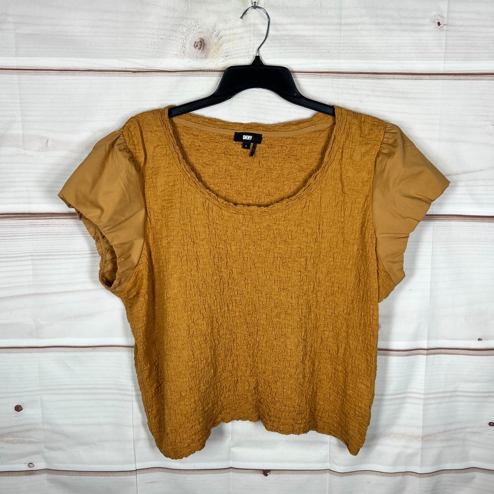 DKNY Top Womens XL Gold Crinkle Blouse Short Sleeve Scoop Neck Solid Stretch